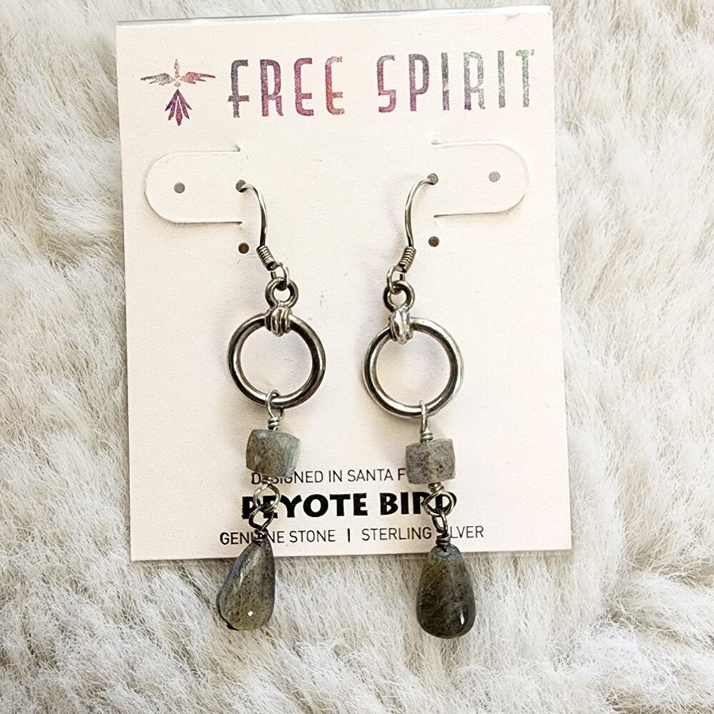 Peyote Bird .925 Sterling Silver Gray Quartz Labradorite Drop Earrings NWT